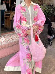 Cotton Linen Floral Print Tie Dress