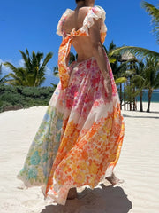 Fashion Flying Sleeve V Neck Printed Holiday Dress