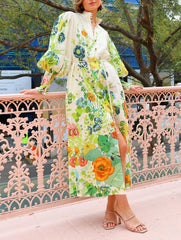 Printed Single-breasted Long-sleeved Dress