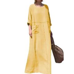 Solid color round neck cotton and linen dress