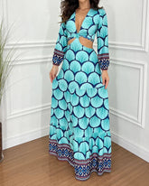 LONG SLEEVE PRINTED CUTOUT DRESS