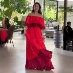 Contrast Color Off-Shoulder High Waist Slim Dress