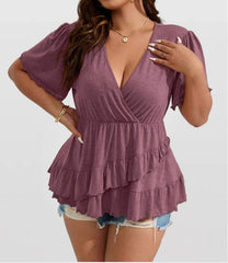 Surplice Neck Ruffle Sleeve Hem Plus Size Tee