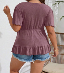Surplice Neck Ruffle Sleeve Hem Plus Size Tee