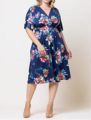 Printed V-Neck Short-Sleeved Midi Dress