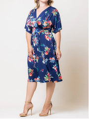 Printed V-Neck Short-Sleeved Midi Dress