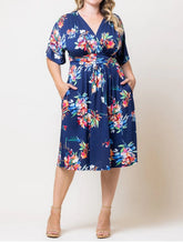 Printed V-Neck Short-Sleeved Midi Dress
