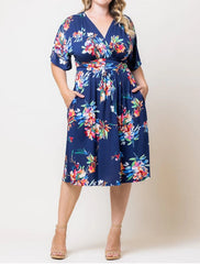Printed V-Neck Short-Sleeved Midi Dress