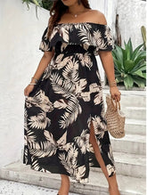 Plus Size Printed Off-Shoulder Thigh-High Slit Dress
