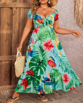 V-Neck Waisted Tropical Plant Print Plus Size Dress