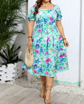 Large Size Square Neck Printed Over-The-Knee Dress