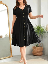 V-Neck Solid Color Buttoned Plus Size Dress