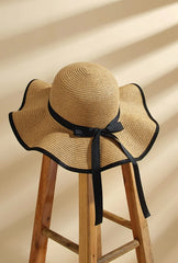 Wavy Brim Black Bow Straw Hat