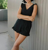 V-Neck Ruffle Sleeves Built-In Bra Swim Romper