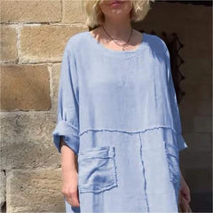 Solid color round neck cotton and linen dress