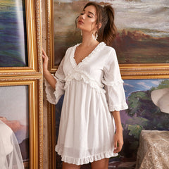 V-neck ruffled pleated lace short skirt