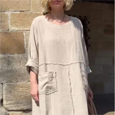 Solid color round neck cotton and linen dress