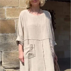 Solid color round neck cotton and linen dress