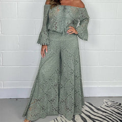 Bohemian multi-color lace trumpet sleeve two-piece suit