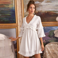 V-neck ruffled pleated lace short skirt