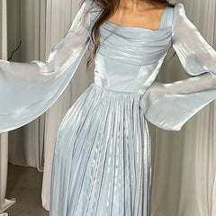 Women's Elegant Square Neck Pleated Flowy Long Dress