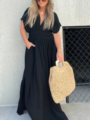 V-neck bat sleeves slit maxi dress