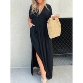 V-neck bat sleeves slit maxi dress