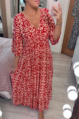 🔥🔥Casual Print V-Neck Waist Wrap Long Dress