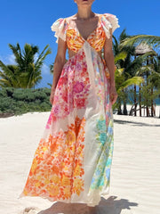 Fashion Flying Sleeve V Neck Printed Holiday Dress