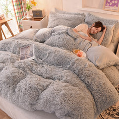 2/3/4Pcs Solid Long Hair King Duvet Cover Set Winte Grey Fannel Fleece Bedding 200*230cm Bedclothes
