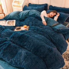 2/3/4Pcs Solid Long Hair King Duvet Cover Set Winte Grey Fannel Fleece Bedding 200*230cm Bedclothes