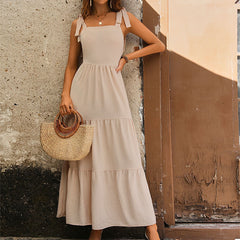 Khaki Back Smocked Tie Sleeveless Maxi Dress