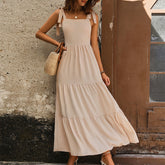 Khaki Back Smocked Tie Sleeveless Maxi Dress