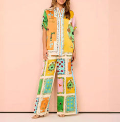 Printed Short Sleeved Color Blocking Holiday Casual Tie Up Set