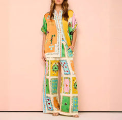 Printed Short Sleeved Color Blocking Holiday Casual Tie Up Set