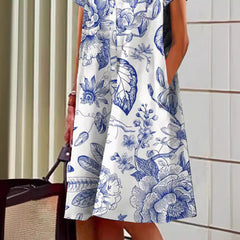 Blue and White Porcelain Print Casual Pocket Shirt Dress
