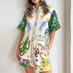 Printed Short-sleeved Loose Shorts Casual Suit