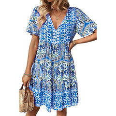 V-neck Loose Bohemian Print Dress