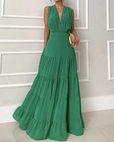 PLEATED SOLID COLOR V-NECK DRESS