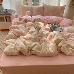 2025 new small floral cloud wrinkle double yarn bed four-piece set princess lace quilt cover three-piece bed sheet set