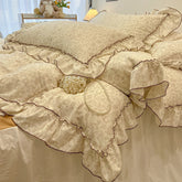 2/3Pc Korean Princess Style Floral Ruffles Bedding Set Single Queen Size Soft Skin-friendly Washed Cotton Duvet Cover Pillowcase