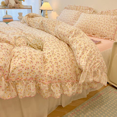 2/3Pc Korean Princess Style Floral Ruffles Bedding Set Single Queen Size Soft Skin-friendly Washed Cotton Duvet Cover Pillowcase