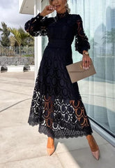 Crochet Lace Lantern Sleeve Midi Dress