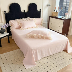4Pcs Princess Wedding Bedding Set Korean Style Lace Flowers Embroidery Duvet Cover Bed Sheet/Fitted Sheet/Bed Skirt Pillowcases