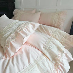 Pink Luxury Princess Wedding Lace Ruffles 100% Cotton Bedding Set Duvet Cover Bed Sheet/Bed Skirt/Fitted Sheet Pillowcases 4Pcs