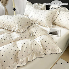 3pcs Korean lace Duvet Cover Set (1*Duvet Cover + 2*Pillowcase, Without Core), Black dot print print Bedding Set