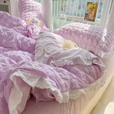 Korean Seersucker Ruffle Bedding Set For Women Princess Style Bedroom Bed Sheet Set Queen Washed Cotton Solid Color Bed Linen