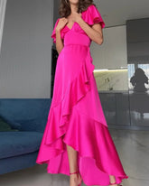 V-NECK RUFFLED SOLID COLOR DRESS