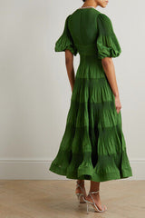 Pleated Tiered Twill Midi Dress