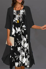 🌸Up to 50% off🔥 Crew Neck Half Sleeve Floral Two Piece Jacket Midi Dress